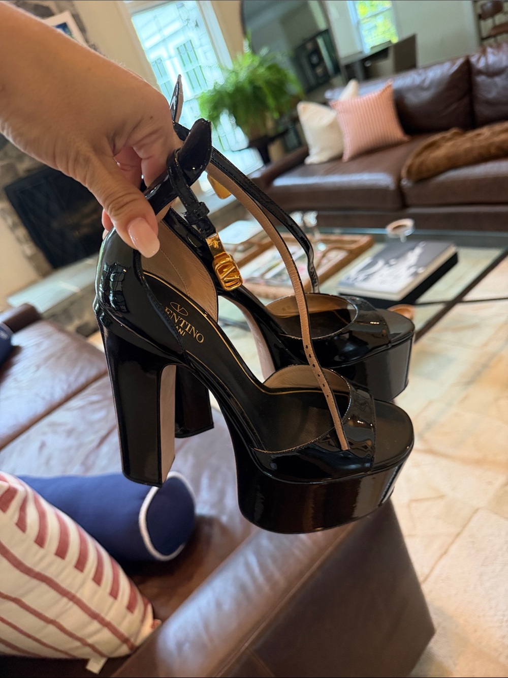 Valentino Black Patent Leather Platform Sandals with Gold Accent